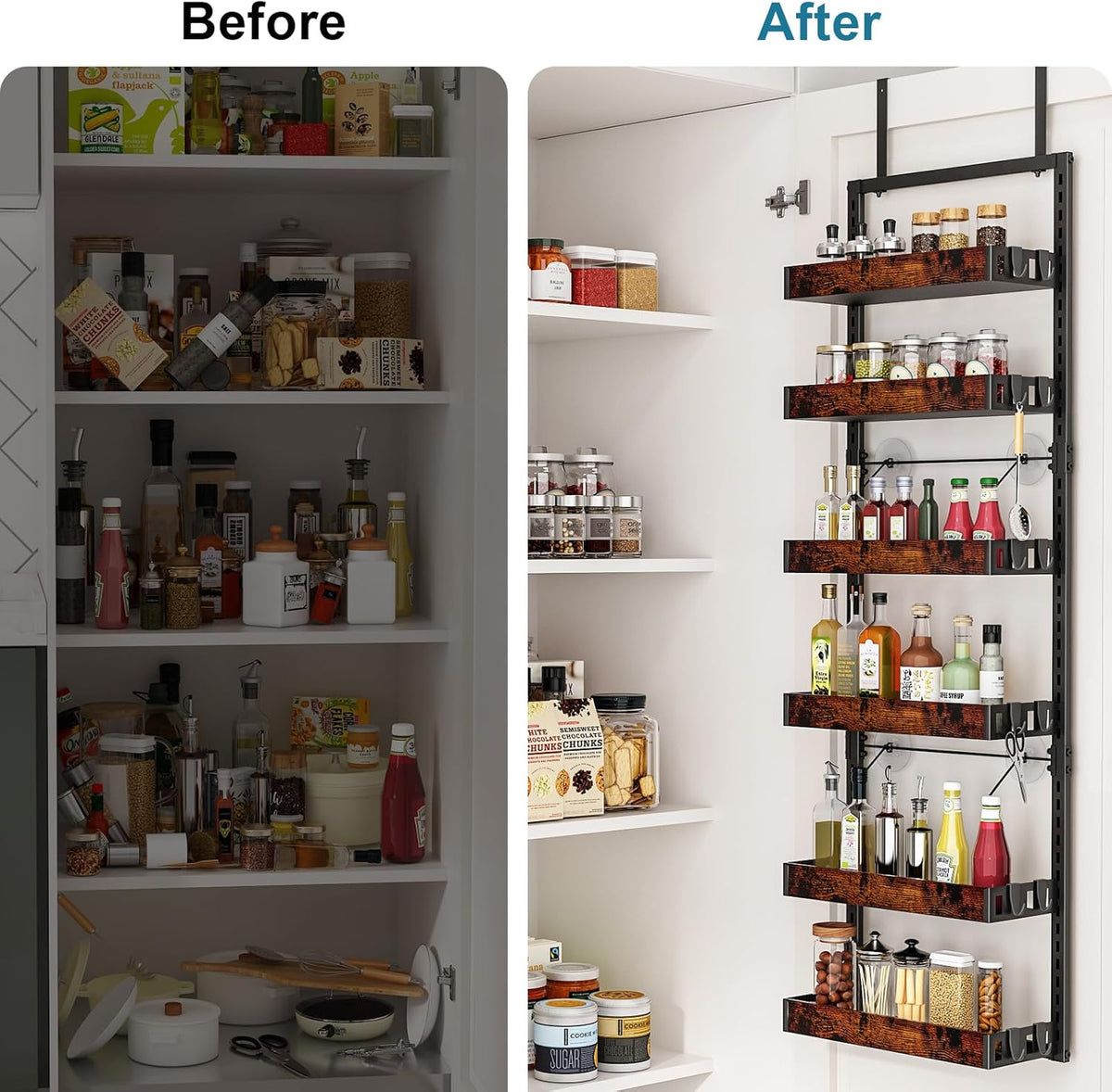 bukfen Over the Door Pantry Organizer, 6-Tier Adjustable Wooden Basket Kitchen Pantry Door Organization and Storage, Heavy-Duty Metal Hanging Kitchen Spice Rack,D6.3 x W17.71 x H50.60 inch,1 Pack