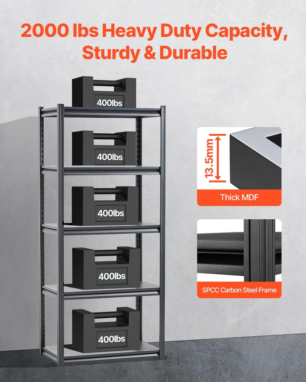 VEVOR Storage Shelves, 2000 lbs, 5 Tier Garage Storage Shelving, 18" D x 32" W x 72" H Adjustable Metal Shelves for Garage Shelves Utility Rack Shelf, Ideal for Kitchen, Warehouse, Basement, Black