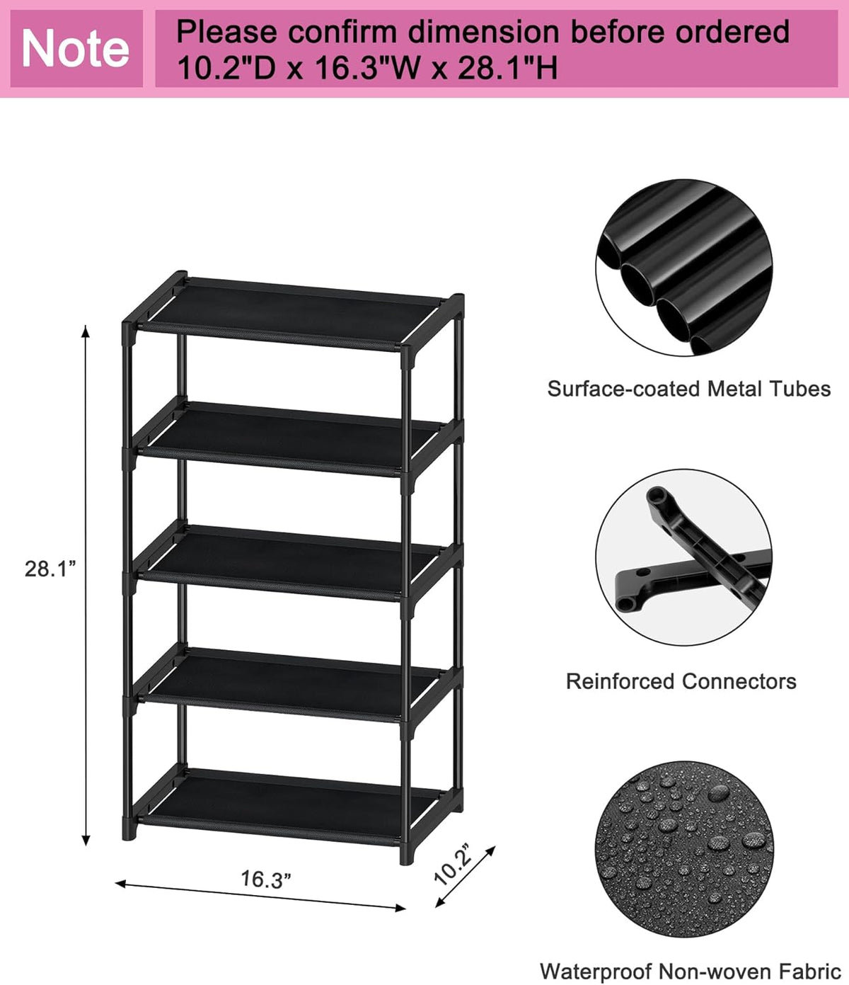 5-Tier Small Shoe Rack, Narrow Space-Saving Organizer for Small Spaces, Non-Woven Fabric Lightweight Shoe Shelves, for Closet Floor, Front Door, Entryway, Kids/Toddler/Adults, Black