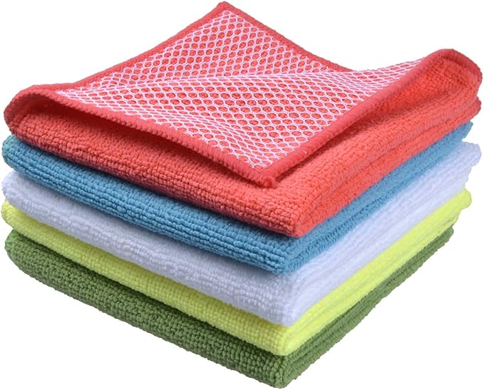 SINLAND 5 Color Assorted Microfiber Dish Cloth Towels Best Kitchen Cloths Cleaning Cloths with Poly Scour Side 12"x12" 5Pack (Pink+Blue+White+Yellow+Green)