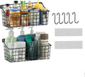 2 Pack Wall Hanging Baskets for Organizing, Large Metal Wire Basket with 5 Hooks+2 Strong Long Adhesive Hooks,Kitchen Hanging Mesh Organizer, Wall Mounted Bin for Kitchen, Bathroom, Bedroom,SUV,Garage