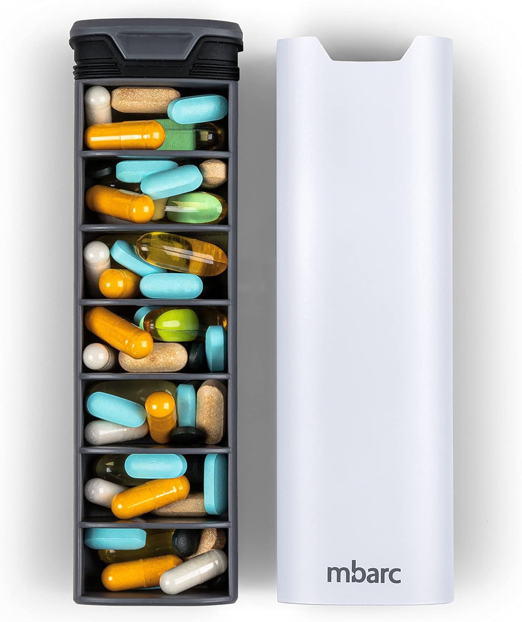7 Day Weekly Pill Organizer by mbarc - Premium Stylish Aluminum and Wood Large Capacity Pill Box for Supplements, Pills, Vitamins and Medicine. (White)