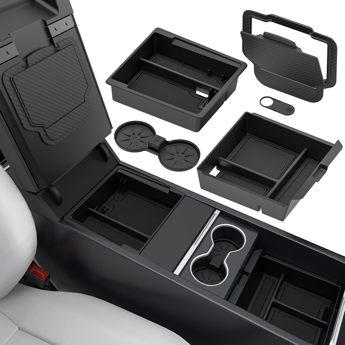 2025 Upgrade 5PCS Center Console Organizer Tray for Tesla New Model Y (2026 Juniper)/3 Highland Accessories 2025, Hidden Storage Box, Cup Holder & Armrest Drawer Organizer, Shockproof, No-Noise
