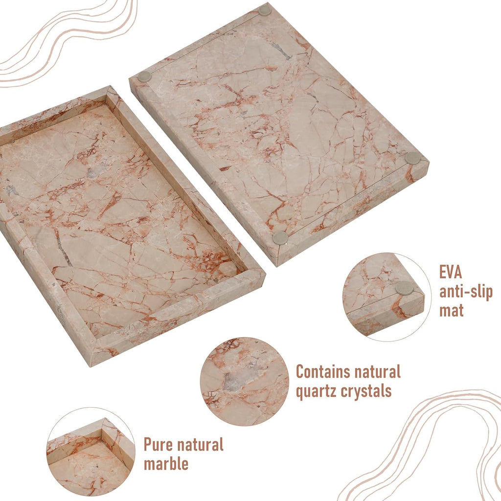 Marble Bathroom Tray,Pure Natural Vanity Tray,Marble Trays for Kitchen Counter Non-Ceramic/Non-Resin,Stone Tray 12 x 8 inch (Pink) ﻿