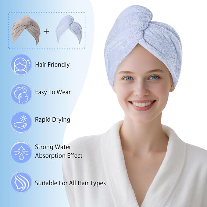 AGKXHDEC 3 Packs Single Layer Microfiber Hair Turbans - Drying Wrap for Women (Light Blue,Light Green,Gray)