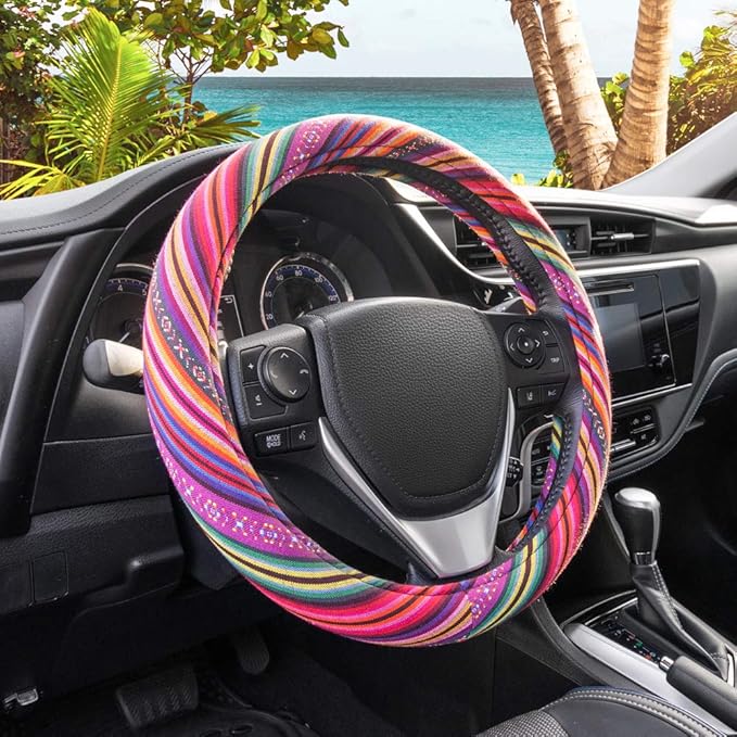 BDK Colorful Woven Boho Bohemian Hippie Style Steering Wheel Cover for Women - Fits Most Standard Wheel Sizes 14.5-15 inch Colorful Patterns
