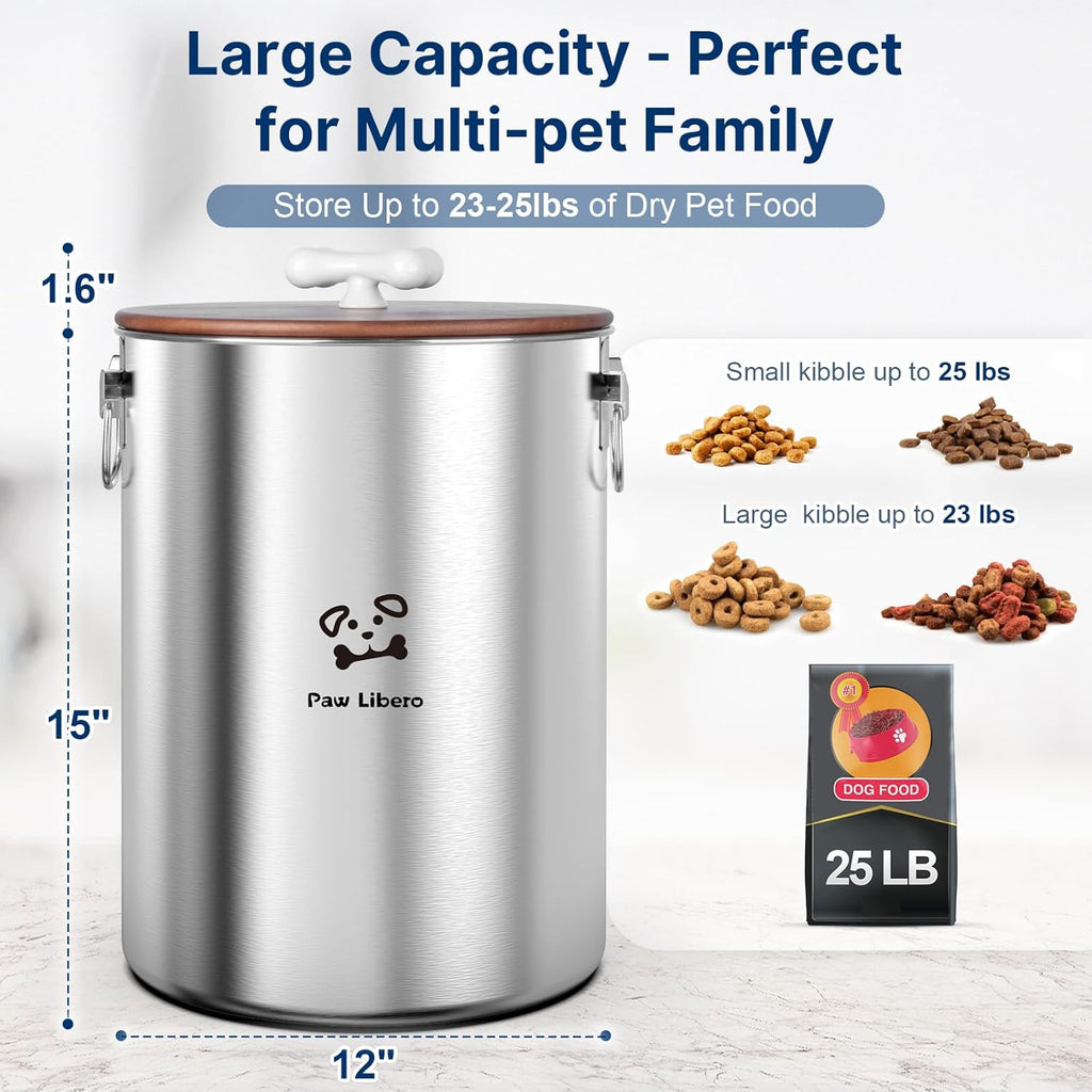 25 Lbs Stainless Steel Dog Food Storage Container with Airtight Wooden Lid & Ceramic Bone Handle, Large Metal Dog Food Bin for Dogs & Cats, Keep Fresh, Easy to Clean