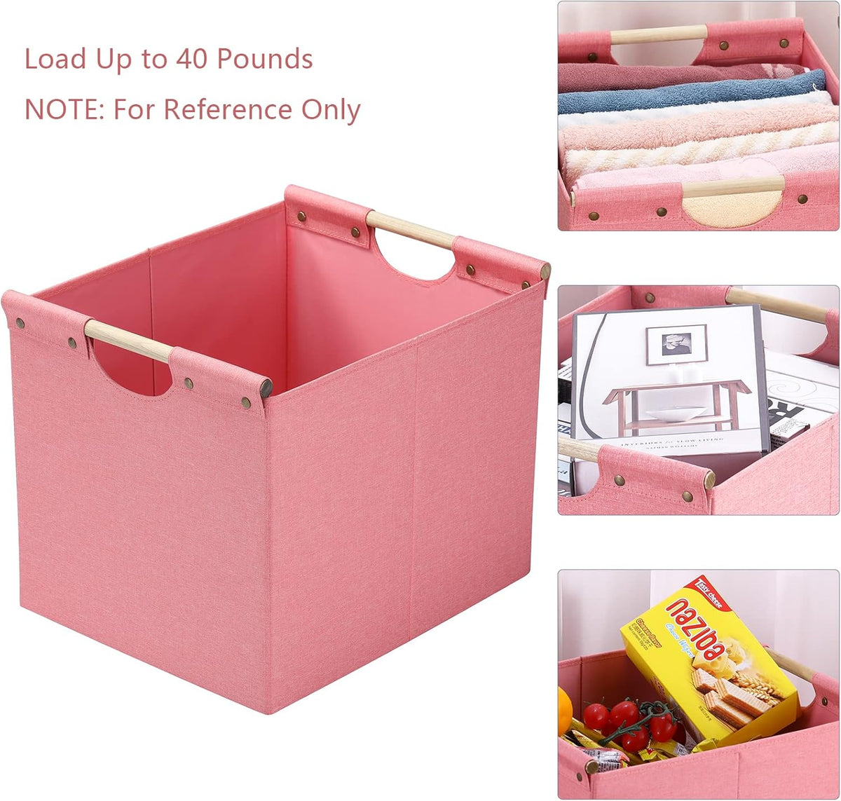 HOONEX Large Foldable Storage Bins, Linen Fabric, Pack of 2, Storage Baskets with Wooden Carry Handles and Sturdy Heavy Cardboard, for Home, Office, Car, Nursery, Pink