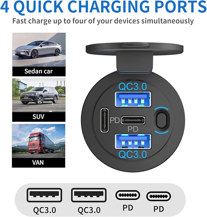 Dual PD 30W USB C Port and Dual Quick Charge 3.0 Port 12V USB Outlet with Power Switch, 78W Multiport Car Charger Socket Waterproof DIY Accessories for Car Boat Marine Motorcycle RV ATV Golf Cart