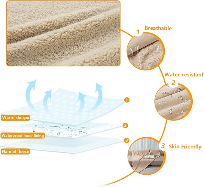 Maidewow Waterproof Dog Blanket Reversible Pet Bed Cover Puppy Fluffy Cream Blankets Leakproof Sofa Couch Cover Cat Pet Blanket for Warm Washable-L
