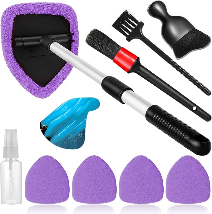 10pcs Windshield Cleaner Tool, Car Window Cleaning Wash Kit with 4 Reusable Microfiber Pads 1 Spray Bottle and Extendable Handle Auto Glass Wiper Kit, Purple