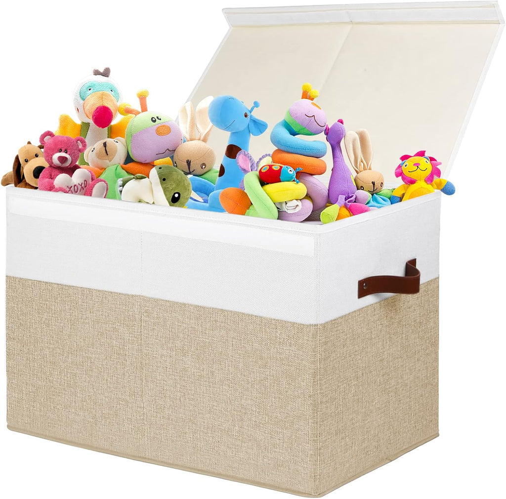 Large Toy Storage Box with Lid, Sturdy Toys Storage Chest Bin Organizer Basket with Dividers for Kids, Boys, Girls, Nursery, Closet, Bedroom, Playroom 25"x13" x16" (Beige and White)