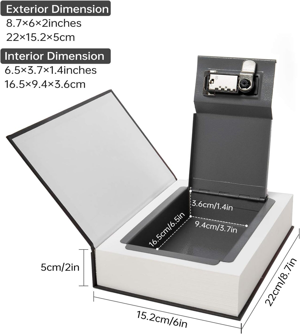 Real Paper Transfer Book Safe, Hollow with Secret Hidden Compartment, Key Lock, 8.7"×6"×2" (Black Dictionary-Key)
