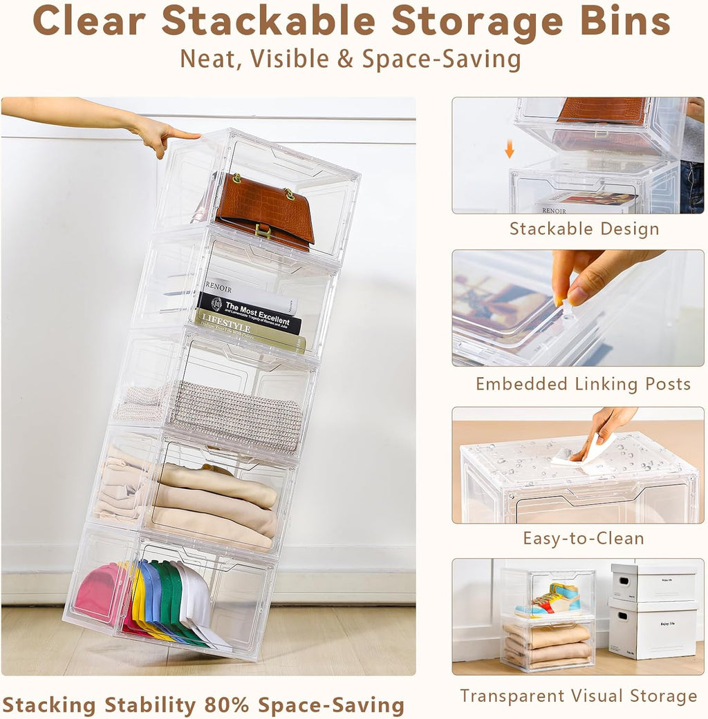 Closet Organizers and Storage, Acrylic Clear Plastic Storage Bins with Magnetic Door, 8 Pack Storage Containers for Clothes Home Organization Purse Bag Cabinet Display Closet Organizer System