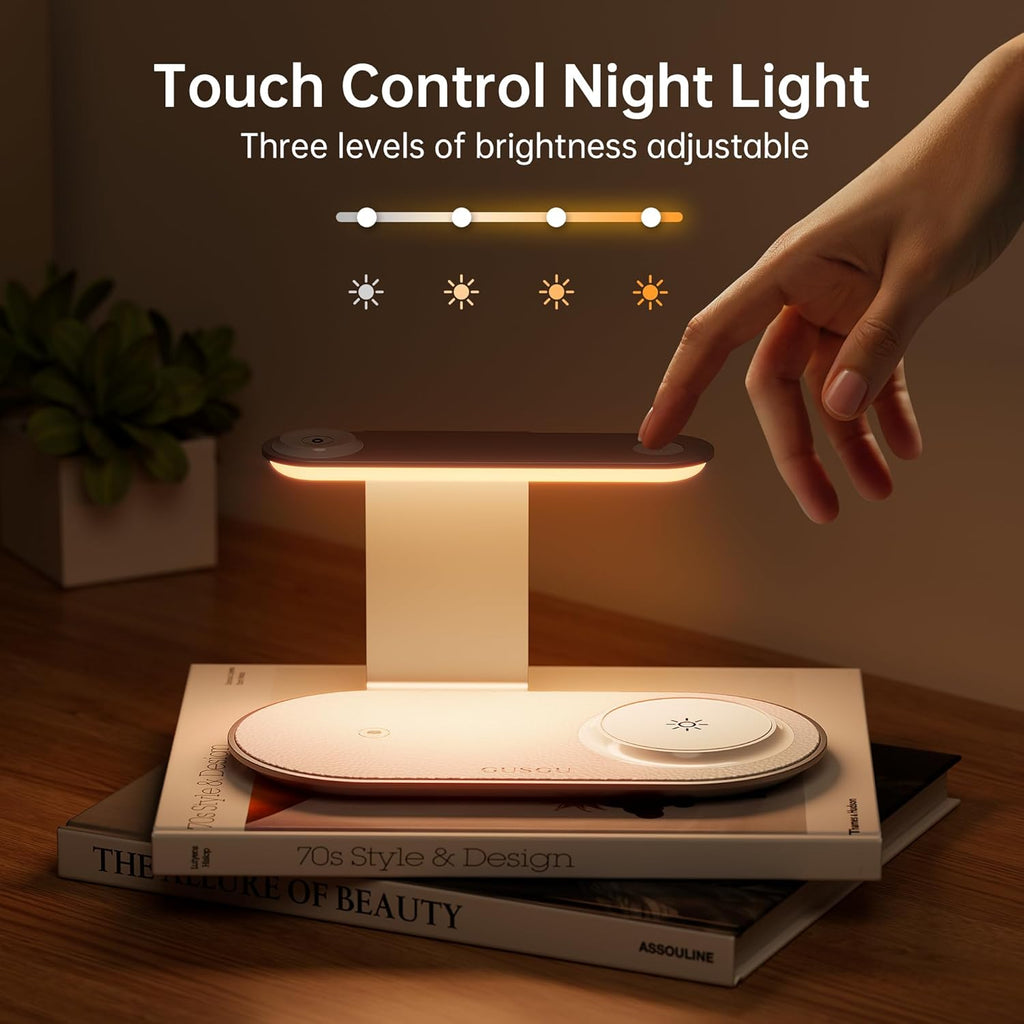 GUSGU 3 in 1 Charging Station for MagSafe Wireless Charger with Three-Level Night Light, 15W Max Fast Charging for iPhone 17/16/15/14/13/, Apple Watch Series 2-11/SE 3/ Ultra 3, AirPods Pro 3-Gray