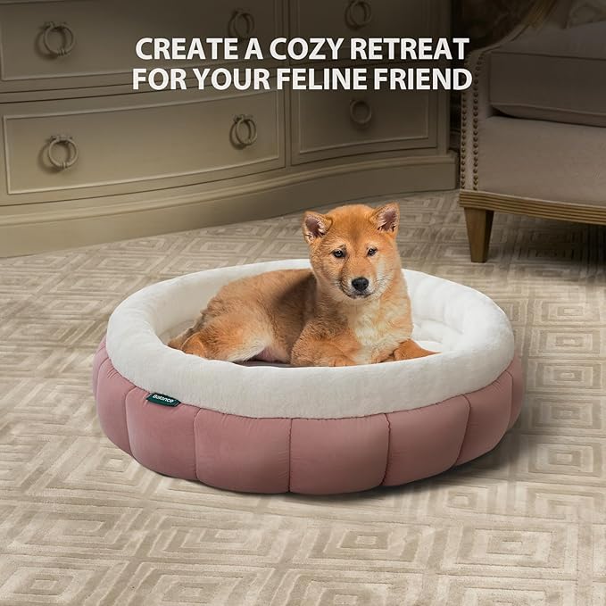 BALANCE Cat Beds for Indoor Cats, Washable Round Dog Bed, Donut Dog Bed with Anti-Slip Bottom for Small Dogs, 28 Inches, Mellow Rose