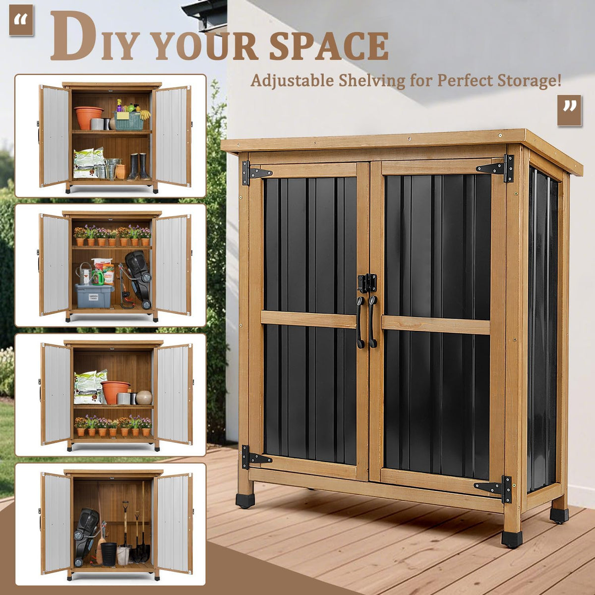Weatherproof Outdoor Storage Cabinet with Lockable Doors, Wood & Metal Garden Storage Shed Patio Storage Box for Tools & Lawn Equipment, Pool Accessories