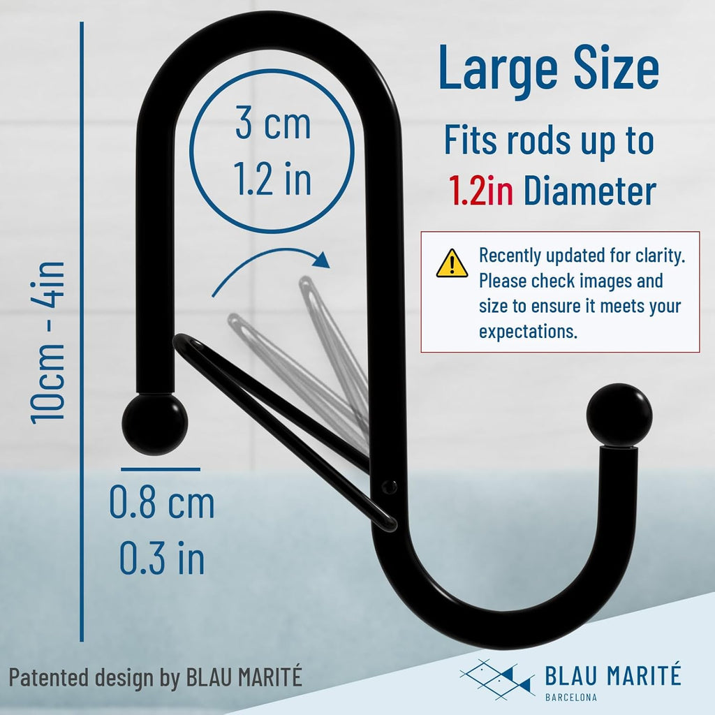 6 S-Shaped Hooks with Anti-Fall System. Anti Drop S-Shaped Hook with Safety Buckle to Prevent Falls. Heavy Duty. (Black, 4in Long (Diameter Rod<1.2in))