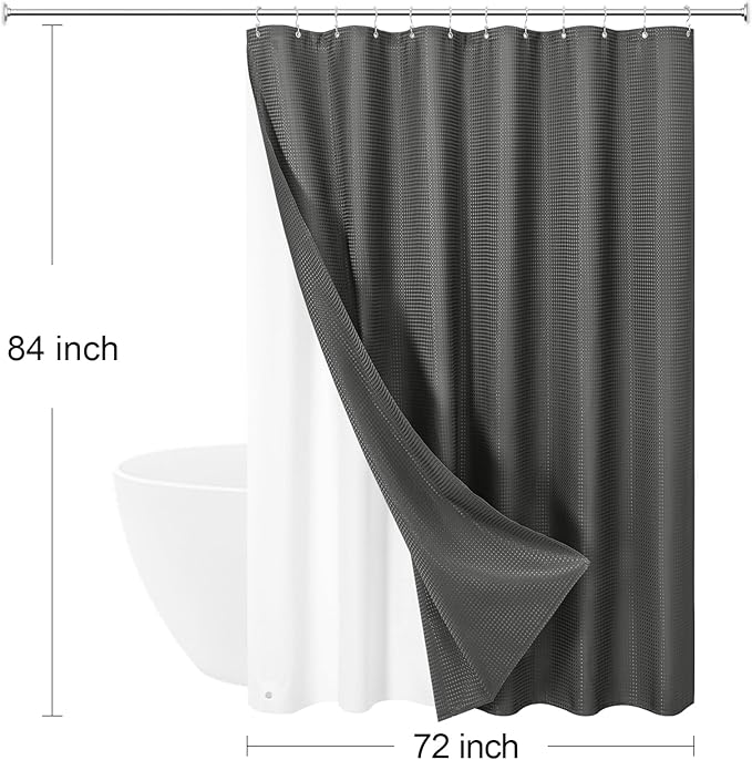 Craidlela 3 in 1 Extra Long Charcoal Grey Shower Curtain Set-72 W x 84 H, Modern Waffle and PEVA Liner Set with 12 Stainless Steel Hooks, Waterproof Fabric for Bathroom