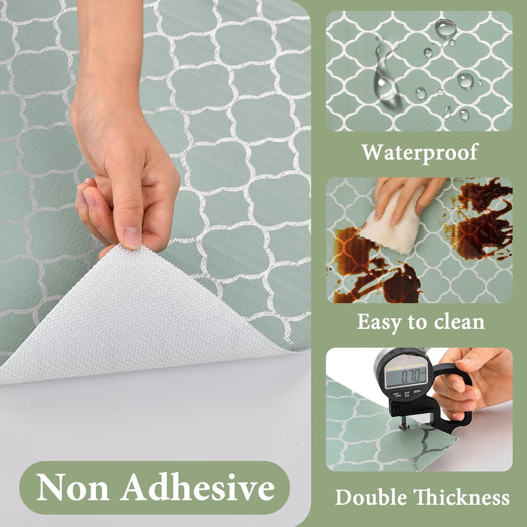 Shelf Liners for Kitchen Cabinets Non Adhesive Drawer Liner 12in x 20FT Light Green Quatrefoil Thickened Shelf Liner Strong Non-Slip Easy to Clean for Tool Box Refrigerator with Knife and Tape Measure