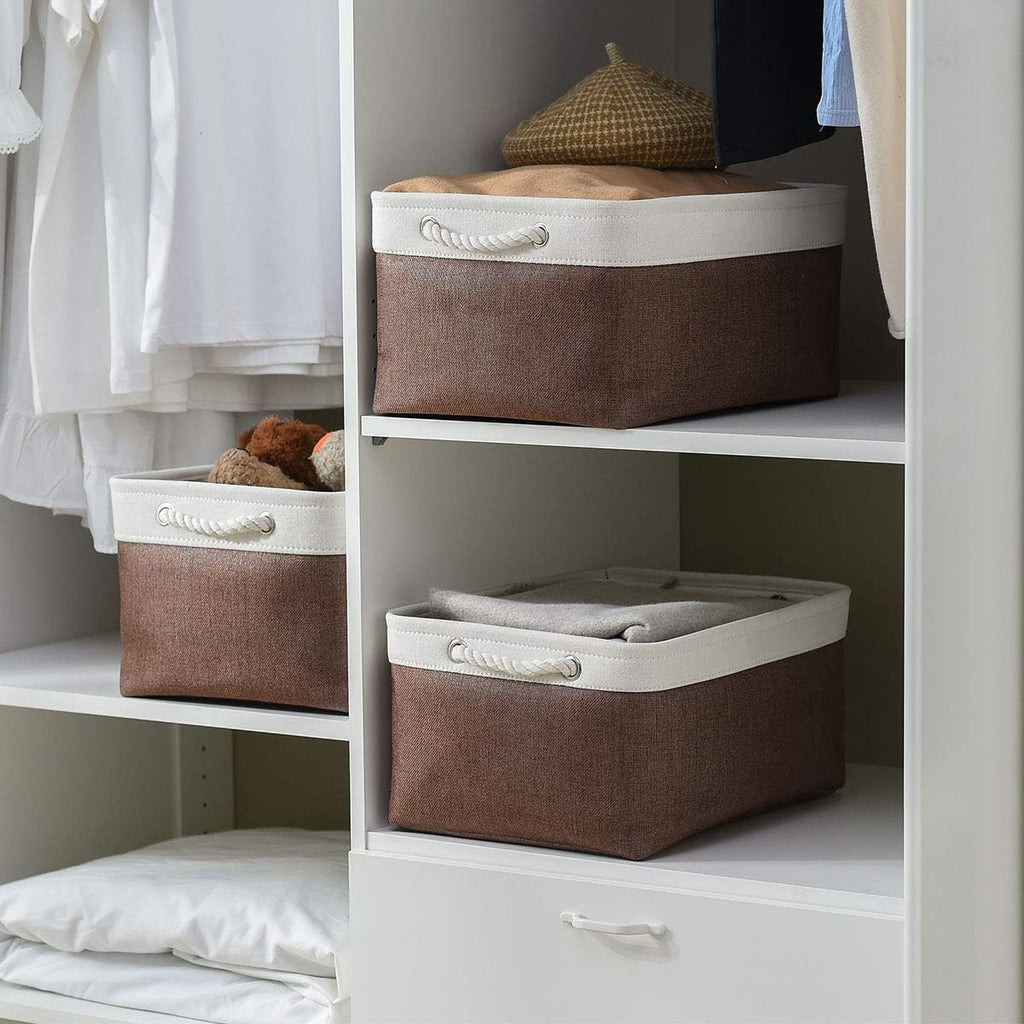 Large Storage Baskets for Shelves, Fabric Baskets for Organizing, Collapsible Storage Bins for Closet, Nursery, Clothes, Home & Office [3-Pack, White&Brown]