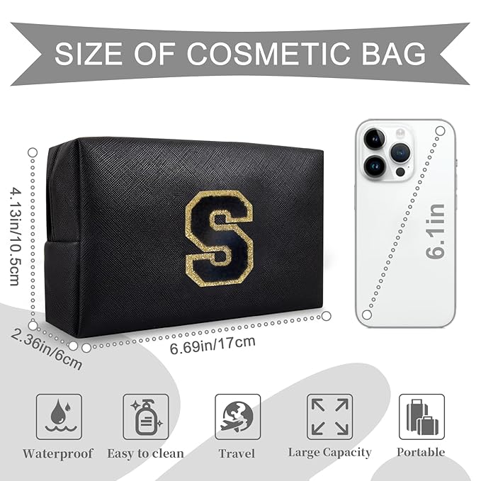 Personalized Initial A-Z Preppy Patch Makeup Bag,Small PU Chenille Letter Cosmetic Bag with Zipper for Teen Girls,Black Cute Toiletry Organizer Bag,Monogram Makeup Case Gift for Women Girls,Letter S