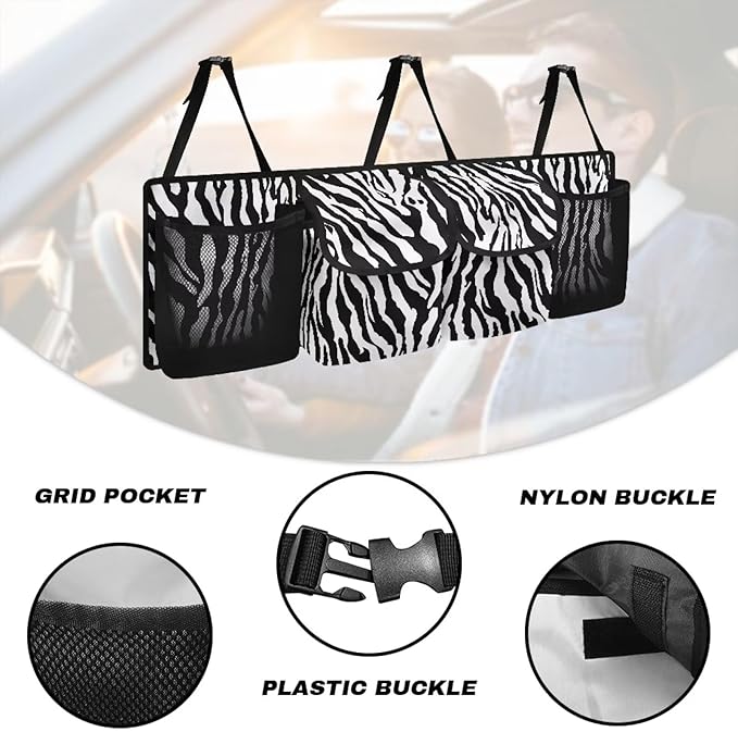 SEANATIVE Black Zebra Car Trunk Organizer, Super Capacity Vehicle Hanging Backseat Cargo Storage Bag with Robust Elastic Net, Detachable Auto Seat Back Organizing Bag, Universal for SUV
