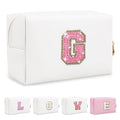Small Initial Patch Makeup Bag Personalized Gifts Make Up Bag,White Cute PU Leather Glitter Letter Cosmetic Bag with Zipper,Trendy Portable Travel Toiletry Pouch,Preppy Stuff for Teen Girls Women G