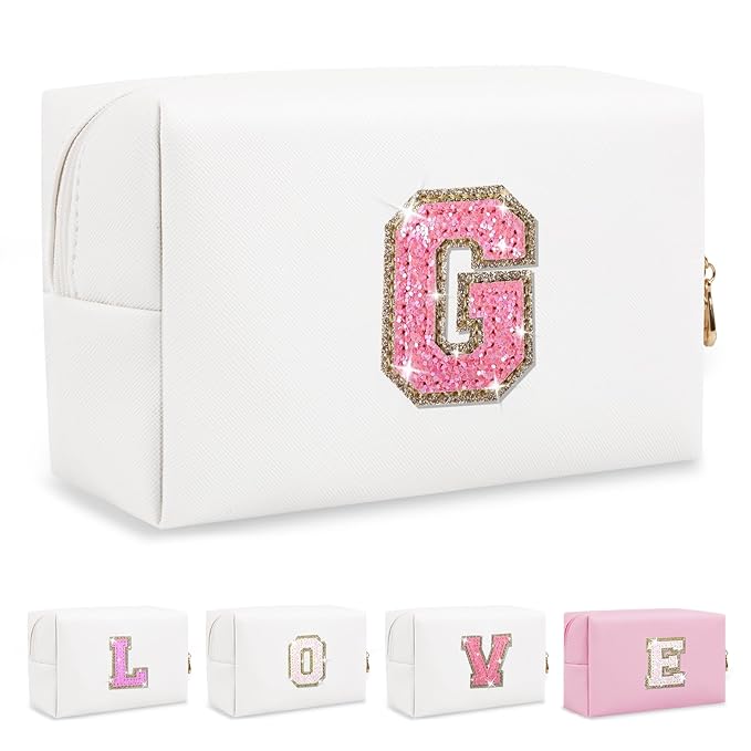 Small Initial Patch Makeup Bag Personalized Gifts Make Up Bag,White Cute PU Leather Glitter Letter Cosmetic Bag with Zipper,Trendy Portable Travel Toiletry Pouch,Preppy Stuff for Teen Girls Women G