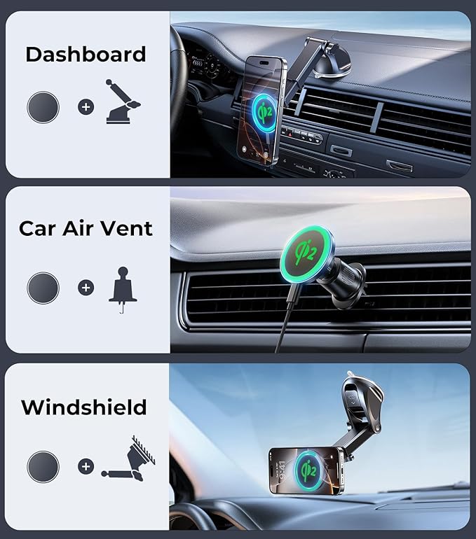 【Qi2 Certified・90LBS Vacuum Magnetic Suction】 15W Fast Wireless Car Charger Mount for Magsafe, 360° Adjustable Arm, Dashboard/Windshield/Vent Phone Holder+Cable Organaizer for iPhone 17/16/15 Pro Max
