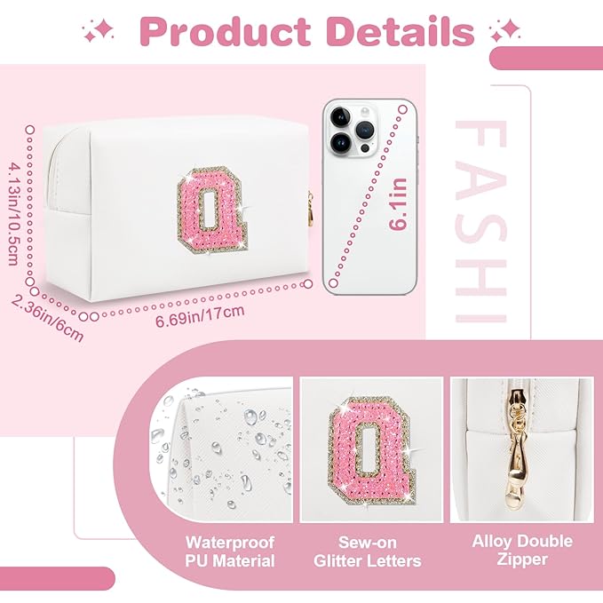 Small Initial Patch Makeup Bag Personalized Gifts Make Up Bag,White Cute PU Leather Glitter Letter Cosmetic Bag with Zipper,Trendy Portable Travel Toiletry Pouch,Preppy Stuff for Teen Girls Women Q
