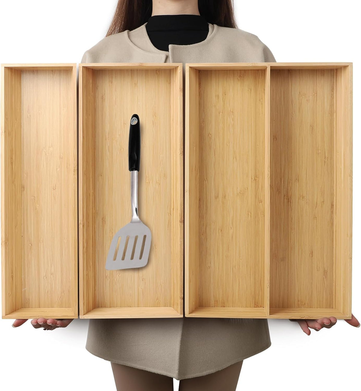 V-Shaped Bamboo Drawer Organizer Set of 3, Kitchen Large and Long Utensil Plate, Flatware & Silverware Storage Box, Wood Drawer Organizer for Bedroom, Living Room (19.6"x5.7" & 7.8" & 12.4")