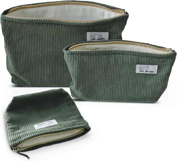 HAPPYHEIDI Corduroy Makeup Bag Set 3 Cosmetic Toiletry Travel Pouch Organizer for Purse Tote, Women Girls Gift, Large Medium Small, Solid Sage Green