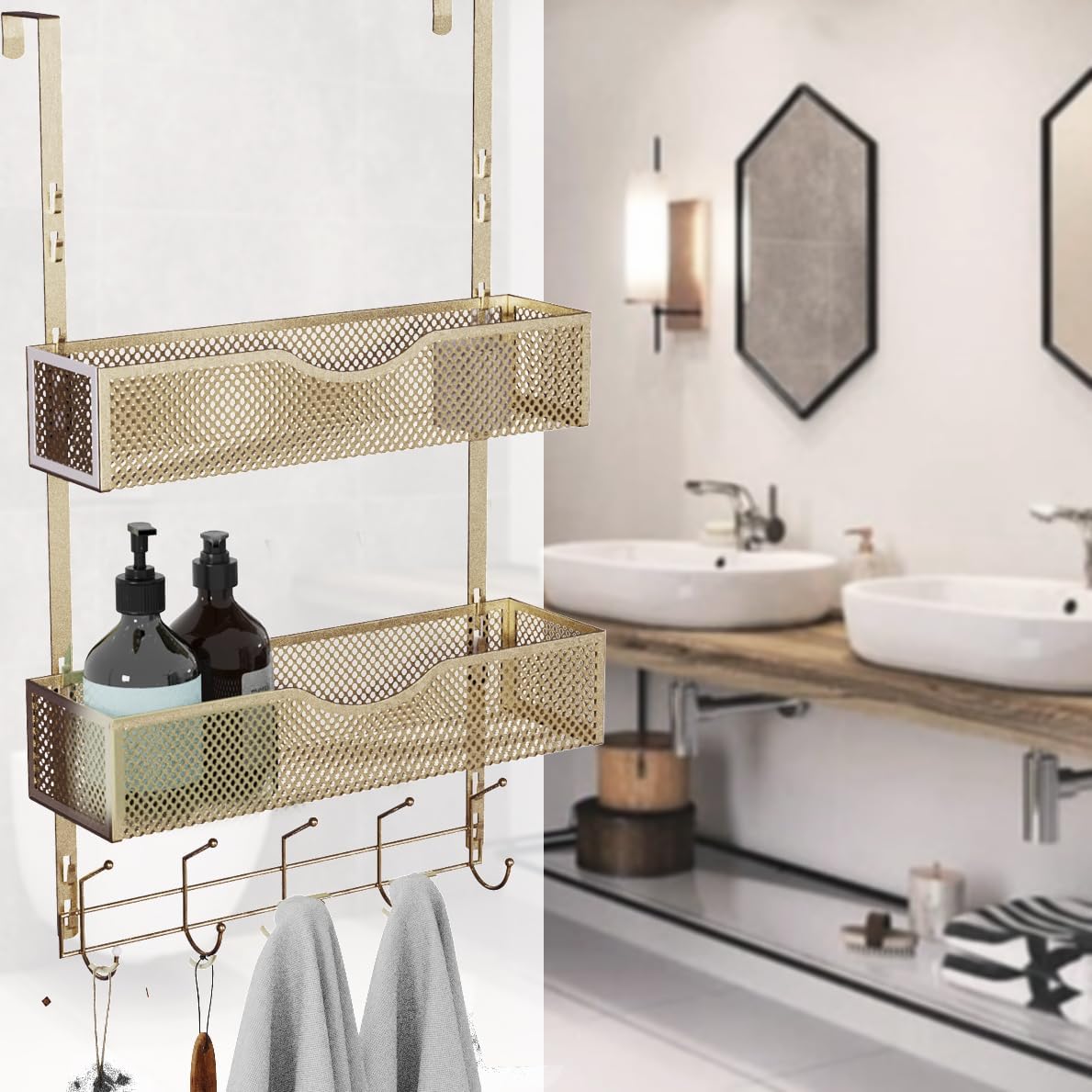 BRENNHOLZ Over The Door Hooks Organizer,Coat Rack with 10 Hooks and 2 Mesh Baskets,Back of Door Storage Organizer for Bathroom,Bedroom,Kitchen,Office(Golden)