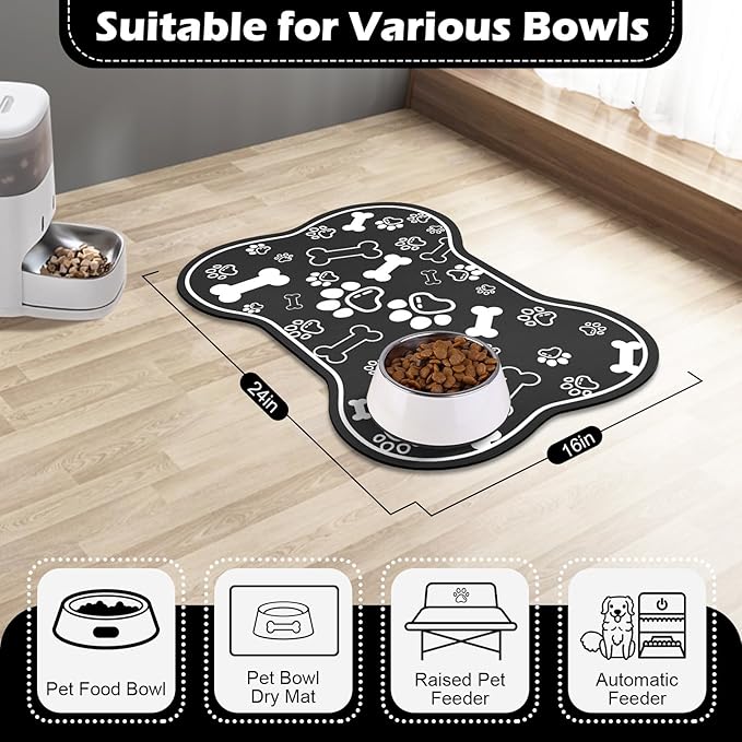 Dog Cat Food Mat,Rapid Absorbent Pet Feeding Mat, Bone Shaped Dog Placemat Water Bowl Mat with Rubber Backing,No Stains Dog Cat Food Mats Indoor, Pet Accessories Supplies 16"×24" Black
