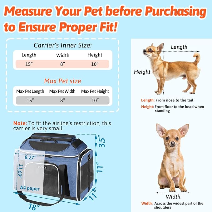 Petskd Top-Expandable Pet Carrier 18x11x11 Inches Delta American United Airline Approved, Soft-Sided Carrier for Small Cats and Dogs with Locking Safety Zippers and Anti-Scratch Mesh(Blue)