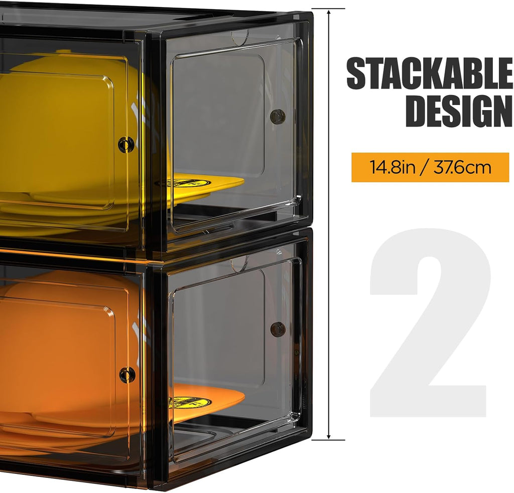 Hat Organizer Box, Stackable Clear Baseball Caps Holder Box Containers with Magnetic Door for Hats Snapback Cap Storag, Hat Rack Display Case, Holds 8 Hats Each (Black, 4 Pack)