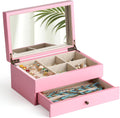 Meangood Jewelry Box Organizer for Women, 2 Layer Large Jewelry Storage Case, Rustic Wooden Jewelry Box with Mirror & Ring Tray for Necklace Earring Bracelets Rings, Vintage Style (Pink)