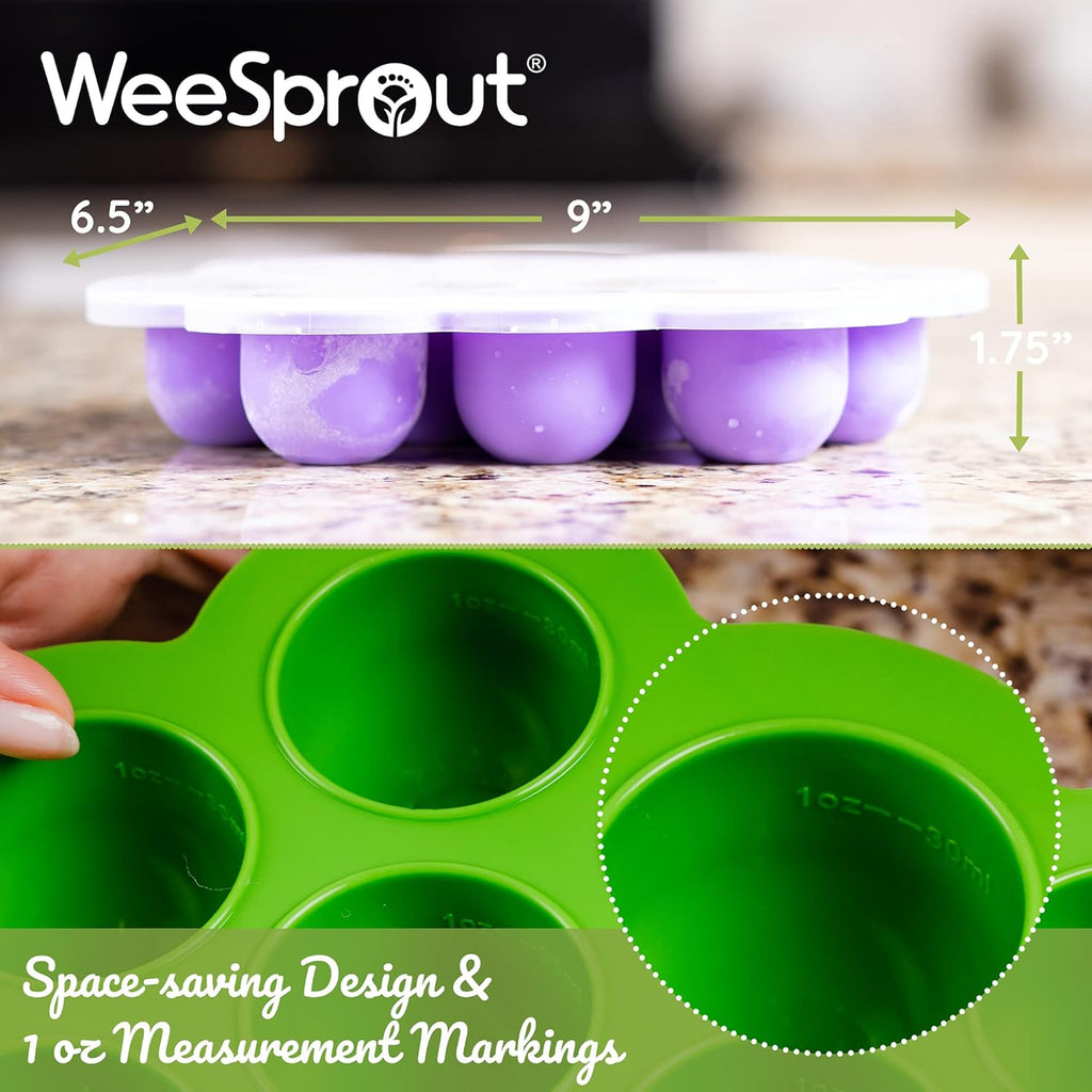 WeeSprout Silicone Freezer Tray with Clip on Lid Perfect Food Storage Container for Homemade Baby Food, Vegetable, Fruit Purees, and Breast Milk (Bright Green, Ten 1.5 Ounce Sections)