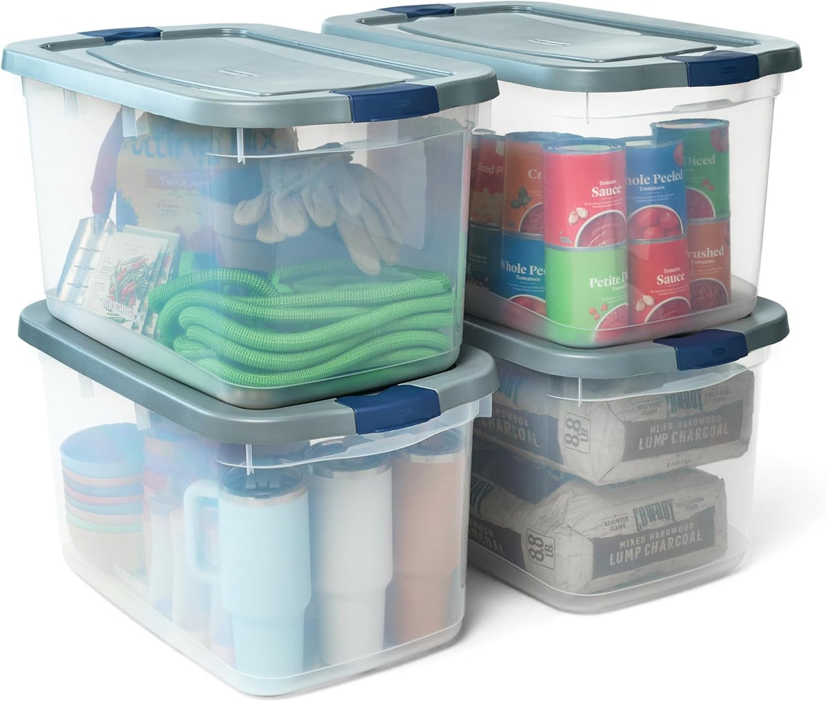 Rubbermaid Roughneck Clear 66 Qt/16.5 Gal Storage Containers, Pack of 4 with Latching Grey Lids, Visible Base, Sturdy and Stackable, Great for Storage and Organization
