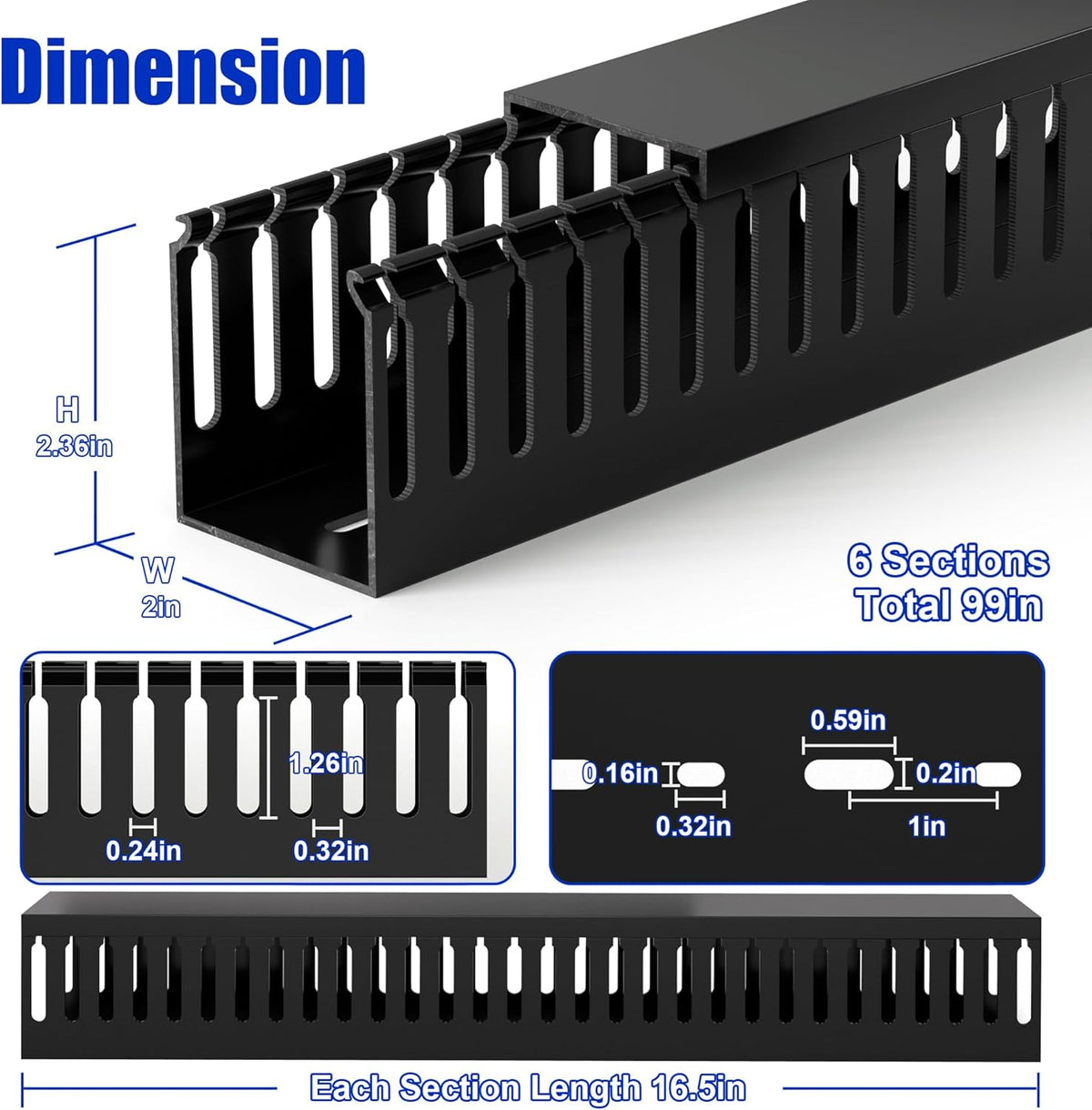 99in (6x L16.5in) Professional Server Rack Cable Management Raceway, H2.4in x W2in Large Capacity Cable Raceway Kit, Electrically Safe PVC, Open Slot Wire Raceway for Under Desk/Computer/Network Cords