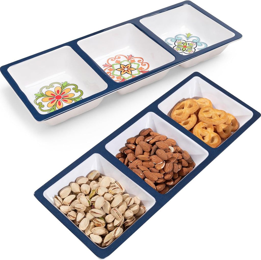 3-Section Divided Serving Trays, Talavera 14.75”x 6” Unbreakable Melamine Serving Platter for Serving Food, 3 Compartment Condiment Tray, Rectangular Condiment Server Set of 2