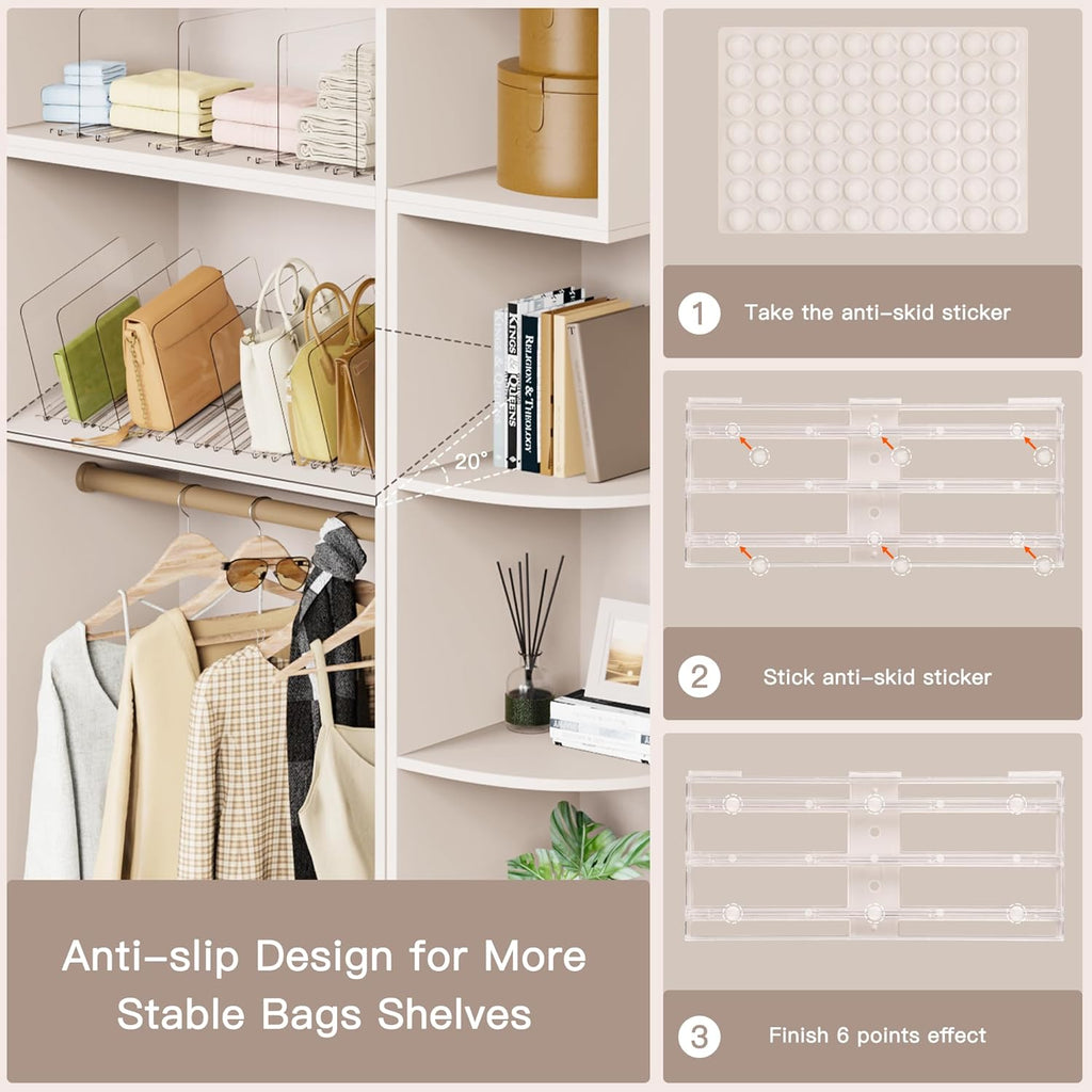 Criusia Adjustable Closet Purse Organizer Rack – 28.8" Extra-Long Shelf Divider with 6 Base Panels & 8 Dividers – Non-Slip Handbag Holder for Bags, Clothes, Kitchen, Office