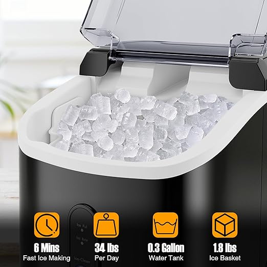 COSTWAY Nugget Countertop Ice Maker, Ready in 6 Mins, 34 lbs/24H, Ice Machine