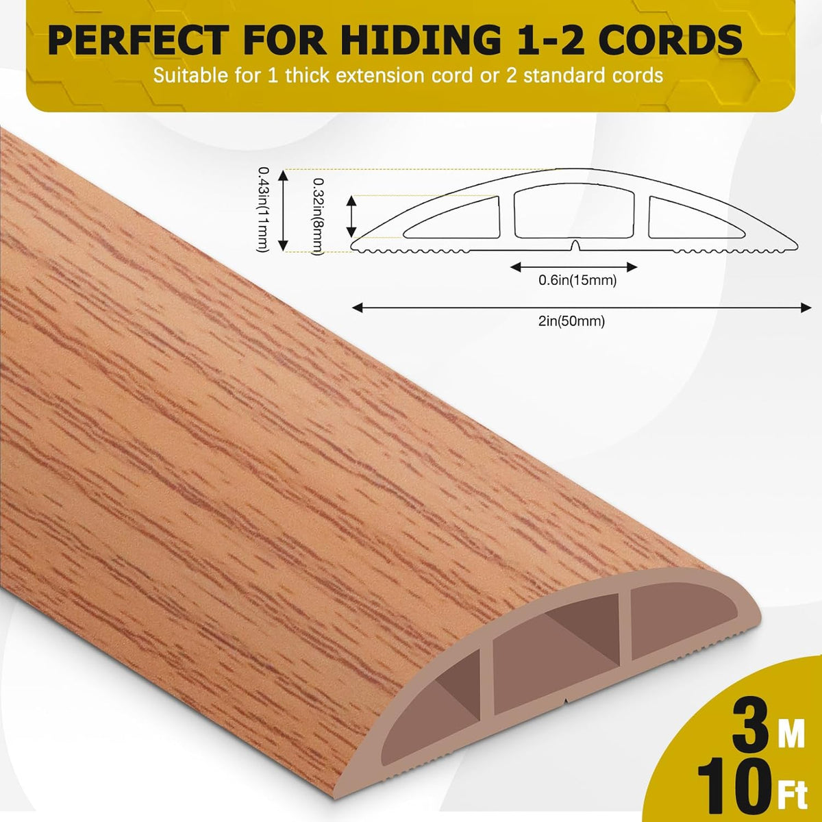 Floor Cord Cover 10FT Cord Covers for Wires on Floor Protect Wires & Prevent Trip Hazards, Easy to Cut for Home, Office, School, Concerts, Cavity W0.6in x H0.32in