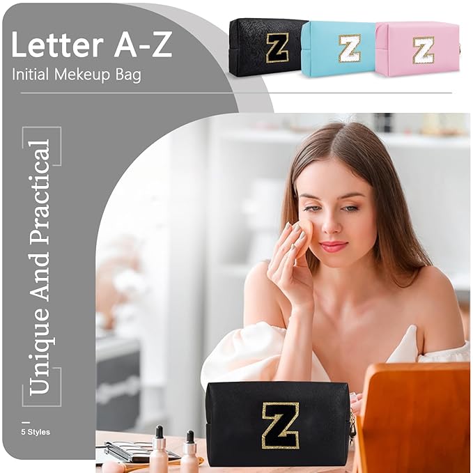 Personalized Initial A-Z Preppy Patch Makeup Bag,Small PU Chenille Letter Cosmetic Bag with Zipper for Teen Girls,Black Cute Toiletry Organizer Bag,Monogram Makeup Case Gift for Women Girls,Letter Z