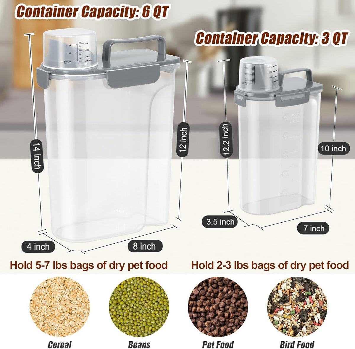 TBMax Dog Food Storage Containers 2 Pack 8 to 10 Lbs, Airtight Pet Food Container Dispenser with Large Spout & Portable Handle, Travel Dog Treat Cat Food Storage Bin Bird Seed Container -Dark Grey