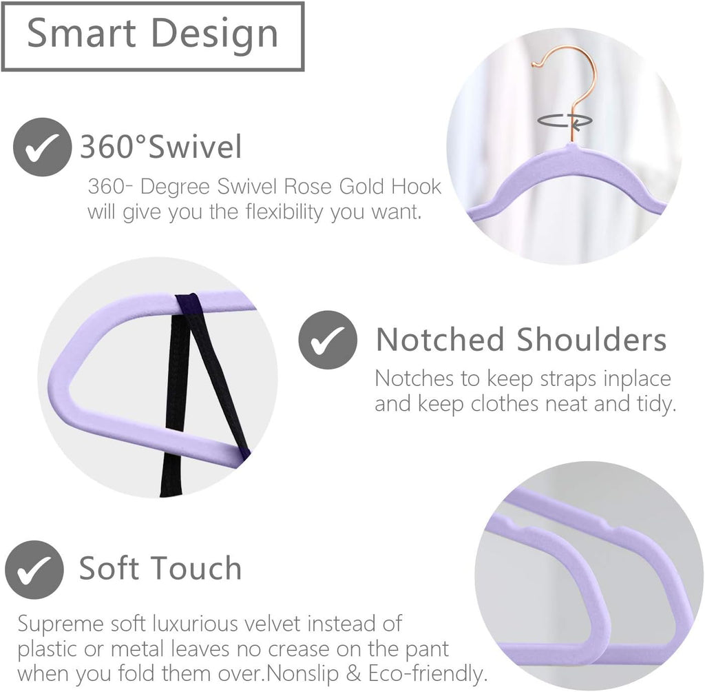MIZGI Premium Velvet Hangers (50 Pack) Heavy Duty - Non Slip Felt Hangers - Velvet Suit Hanger Light Purple - Rose Gold Hooks,Space Saving Clothes Hanger