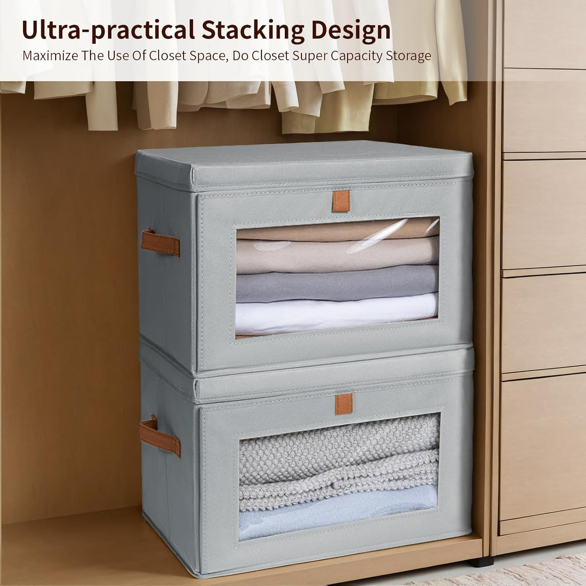 Large Closet Storage Organizer - Clothes Storage Bins with Handles & Window, Collapsible Decorative Boxes with Lids, Fabric Containers for Living Room, Dorm, 2 Pack, Grey