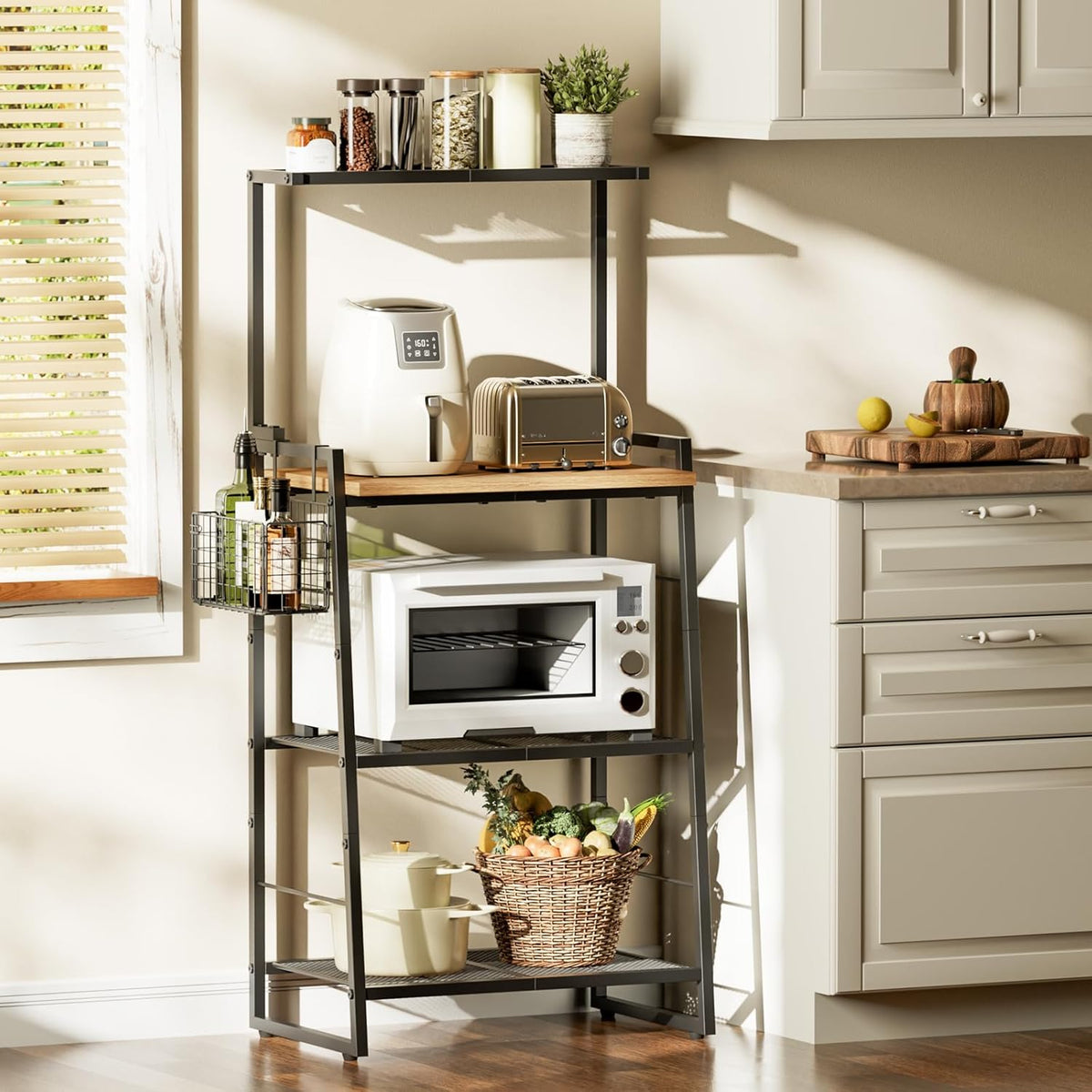 Bakers Rack with Foldable Basket, Large 4 Tiers Coffee Bar Station, Kitchen Microwave Stand with Storage, Metal Shelf Rack for Living Room, Office, Garage (Rustic Brown)